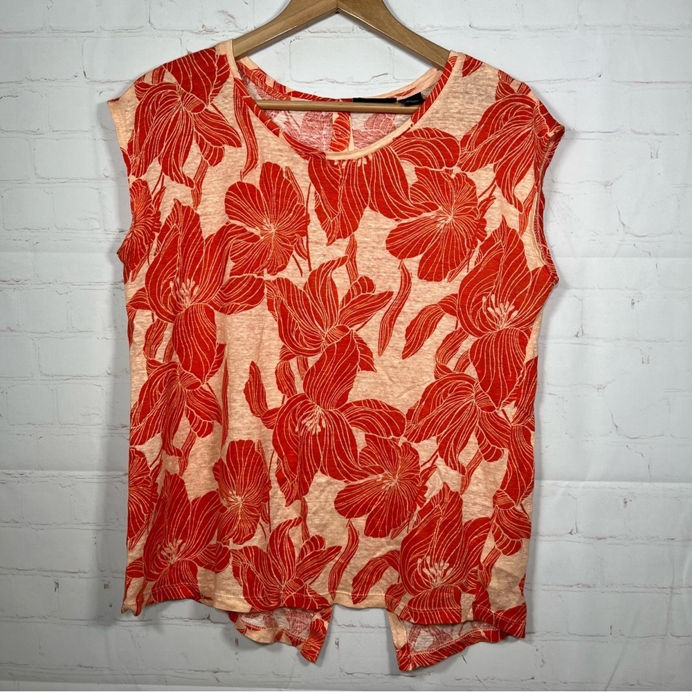 TAHARI Linen Floral Blouse Womens Medium Orange Button Back Cap Sleeve Coastal